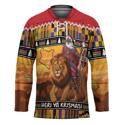 Kenya Safari Christmas Hockey Jersey Black Santa Riding Lion - Heri ya Krismasi