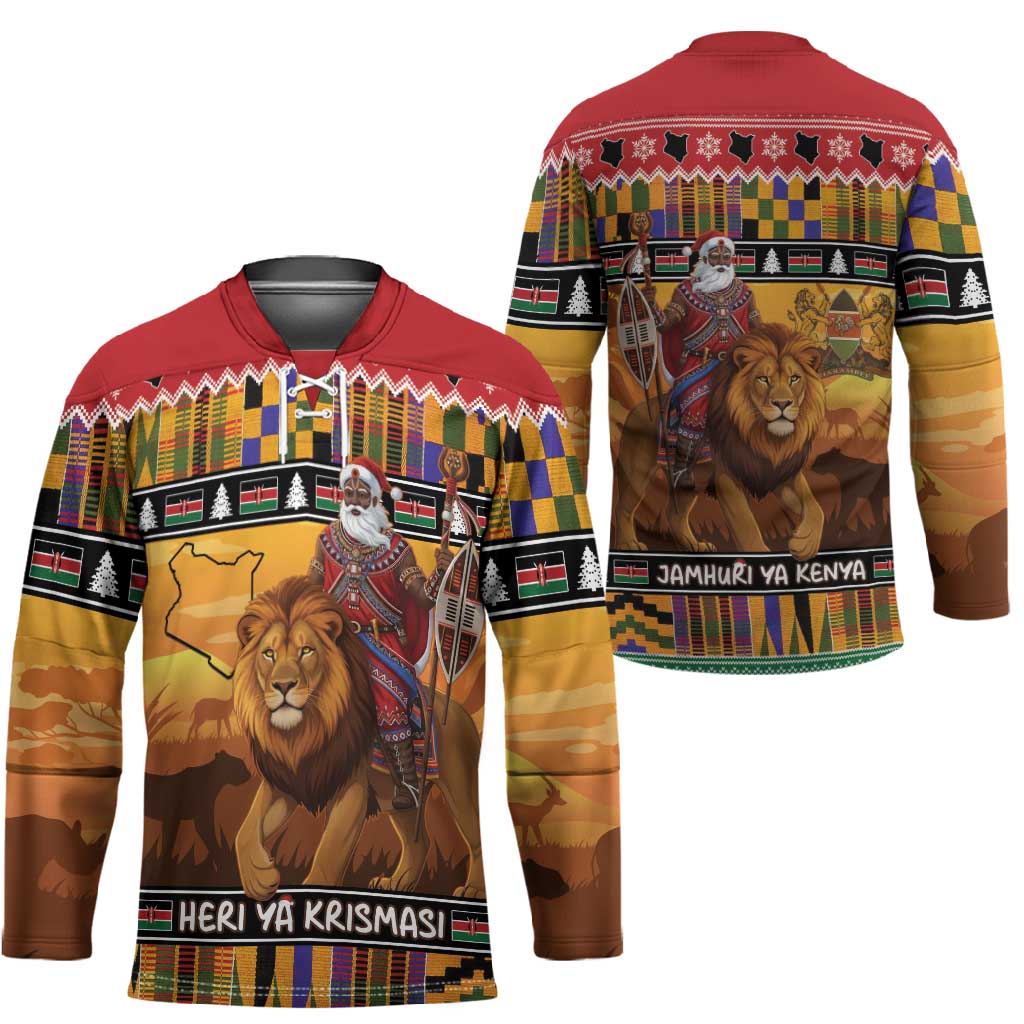 Kenya Safari Christmas Hockey Jersey Black Santa Riding Lion - Heri ya Krismasi