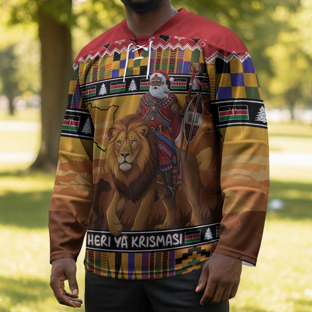 Kenya Safari Christmas Hockey Jersey Black Santa Riding Lion - Heri ya Krismasi