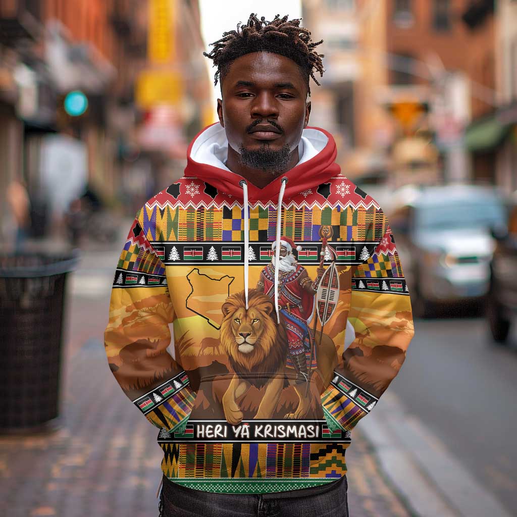 Afro Christmas in Kenya Safari Hoodie Black Santa Riding Lion - African Pride