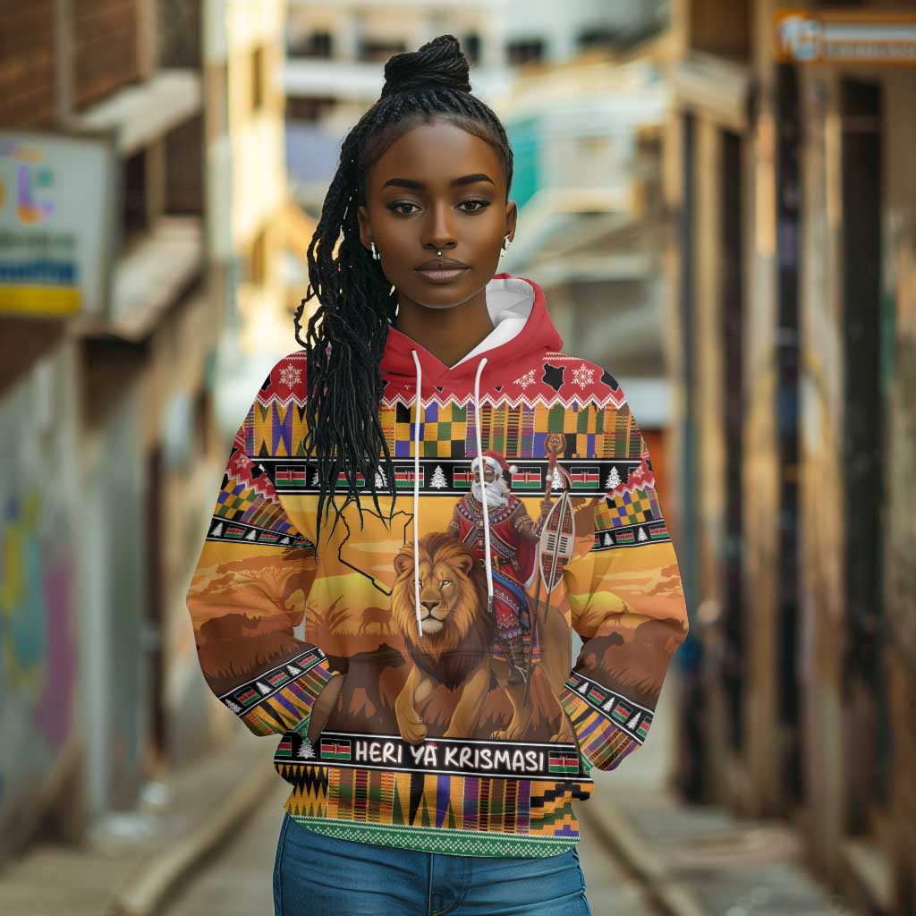 Afro Christmas in Kenya Safari Hoodie Black Santa Riding Lion - African Pride