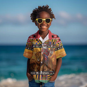 Afro Christmas in Kenya Safari Kid Hawaiian Shirt Black Santa Riding Lion - African Pride
