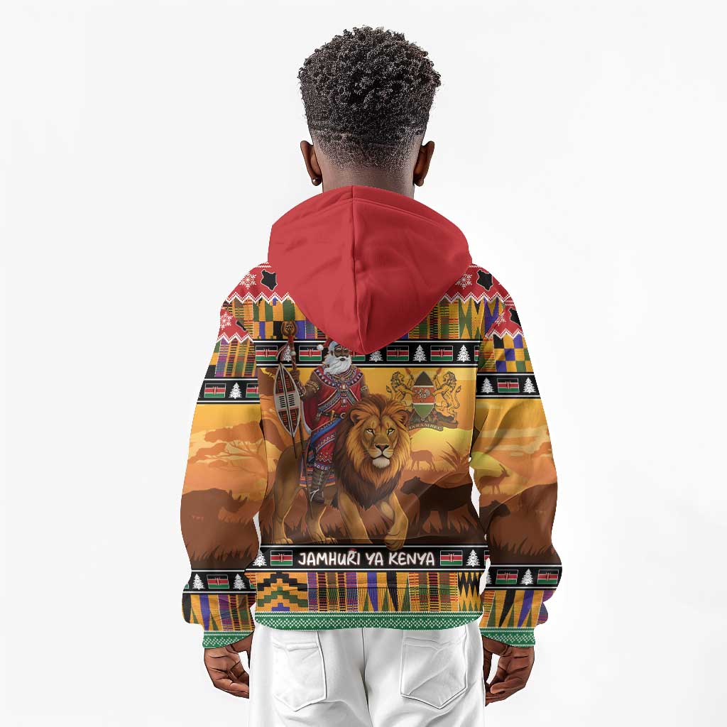 Afro Christmas in Kenya Safari Kid Hoodie Black Santa Riding Lion - African Pride