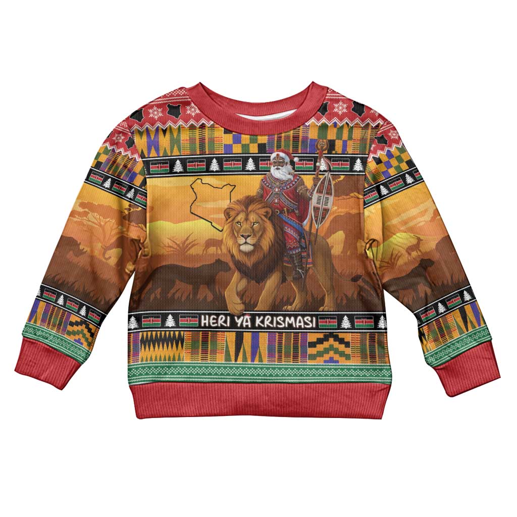 Afro Christmas in Kenya Safari Kid Ugly Christmas Sweater Black Santa Riding Lion - African Pride