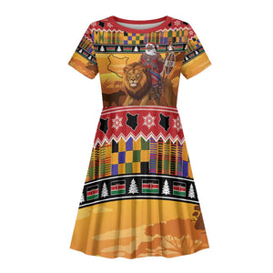 Afro Christmas in Kenya Safari Kid Short Sleeve Dress Black Santa Riding Lion - African Pride