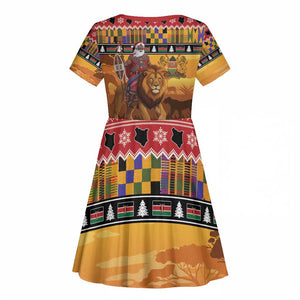 Afro Christmas in Kenya Safari Kid Short Sleeve Dress Black Santa Riding Lion - African Pride