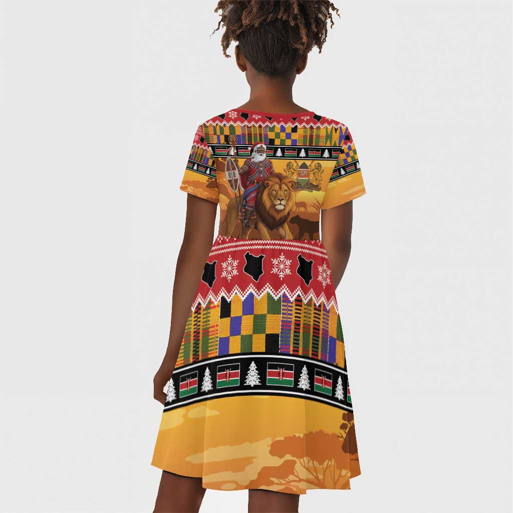 Afro Christmas in Kenya Safari Kid Short Sleeve Dress Black Santa Riding Lion - African Pride