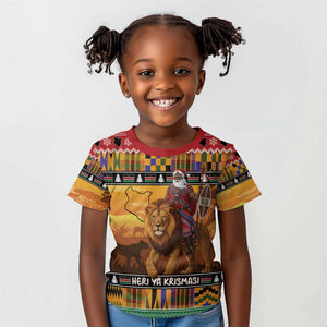 Afro Christmas in Kenya Safari Kid T shirt Black Santa Riding Lion - African Pride