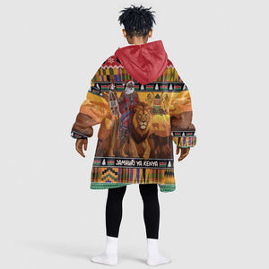 Afro Christmas in Kenya Safari Kid Wearable Blanket Hoodie Black Santa Riding Lion - African Pride