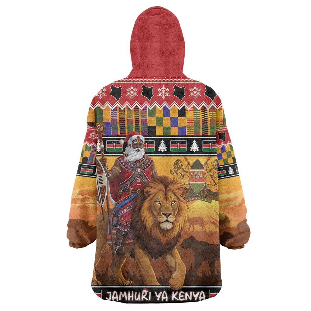 Afro Christmas in Kenya Safari Kid Wearable Blanket Hoodie Black Santa Riding Lion - African Pride