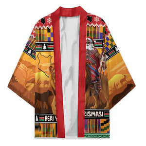 Kenya Safari Christmas Kimono Black Santa Riding Lion - Heri ya Krismasi