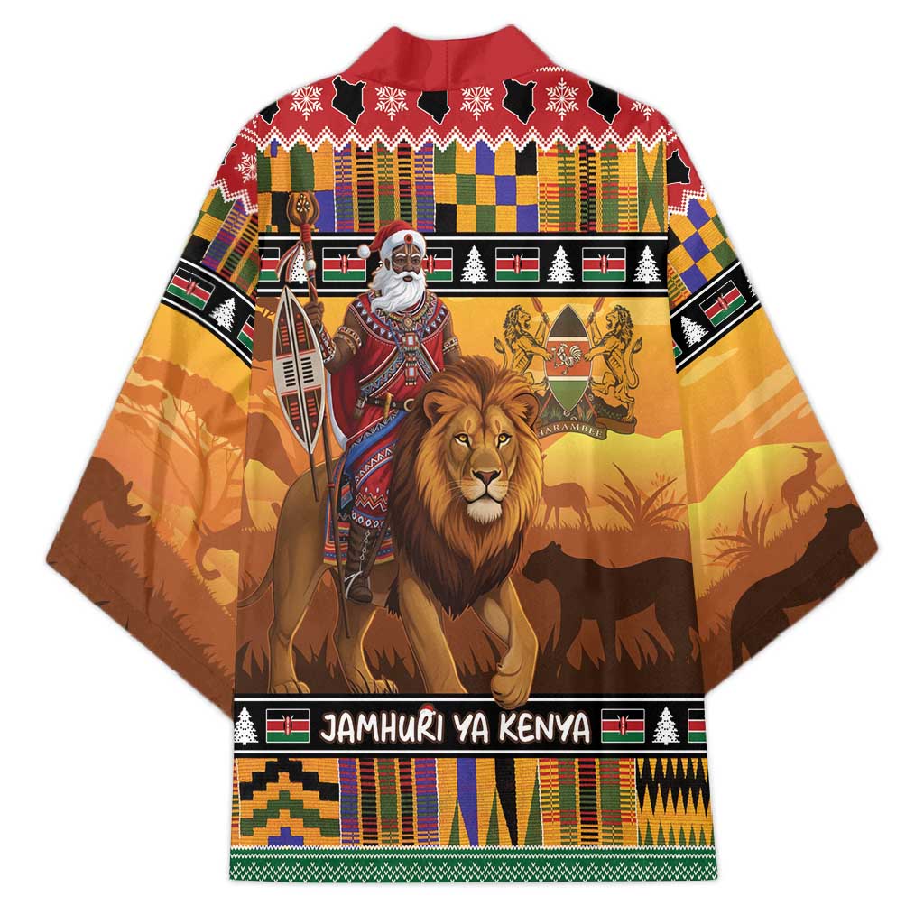 Kenya Safari Christmas Kimono Black Santa Riding Lion - Heri ya Krismasi