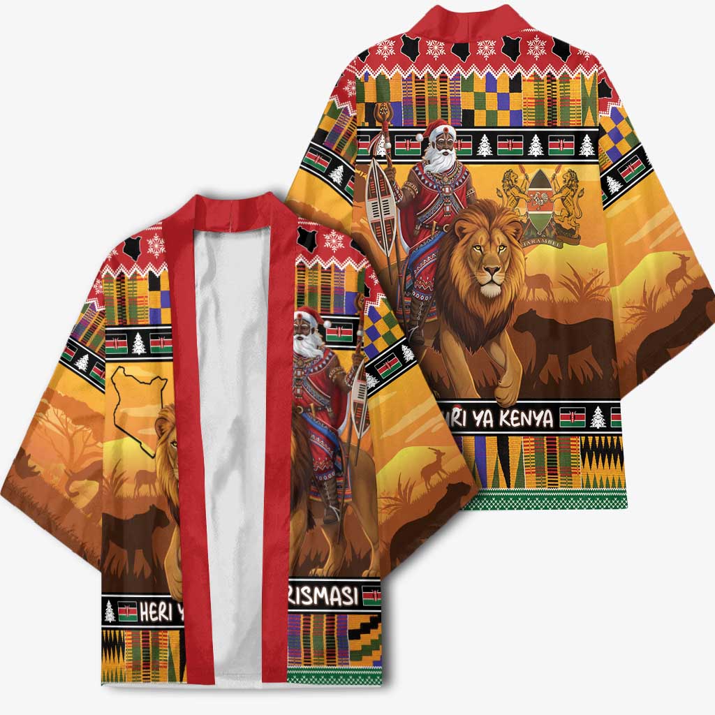 Kenya Safari Christmas Kimono Black Santa Riding Lion - Heri ya Krismasi