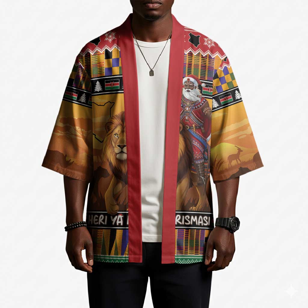 Kenya Safari Christmas Kimono Black Santa Riding Lion - Heri ya Krismasi