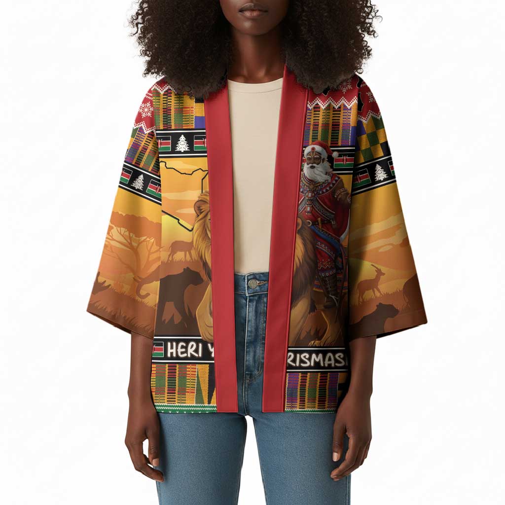 Kenya Safari Christmas Kimono Black Santa Riding Lion - Heri ya Krismasi