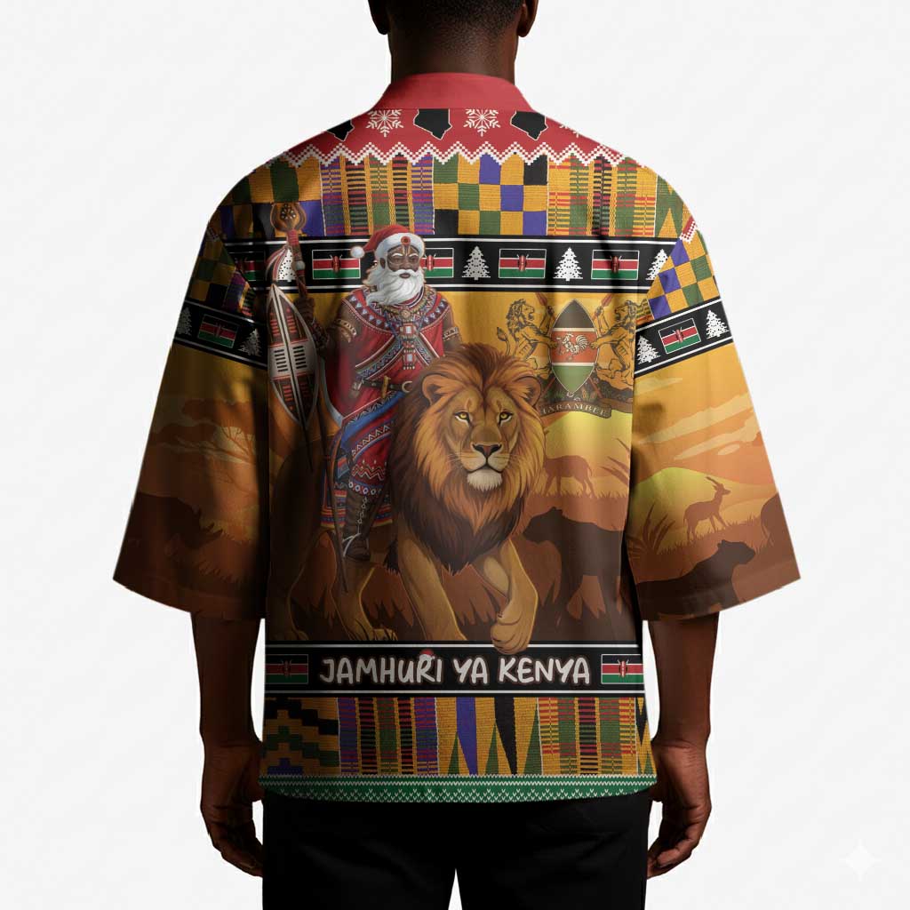 Kenya Safari Christmas Kimono Black Santa Riding Lion - Heri ya Krismasi