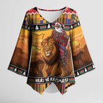 Kenya Safari Christmas Kimono Sleeve Blouse Black Santa Riding Lion - Heri ya Krismasi