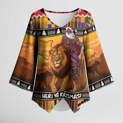Kenya Safari Christmas Kimono Sleeve Blouse Black Santa Riding Lion - Heri ya Krismasi