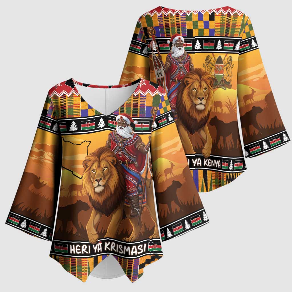 Kenya Safari Christmas Kimono Sleeve Blouse Black Santa Riding Lion - Heri ya Krismasi