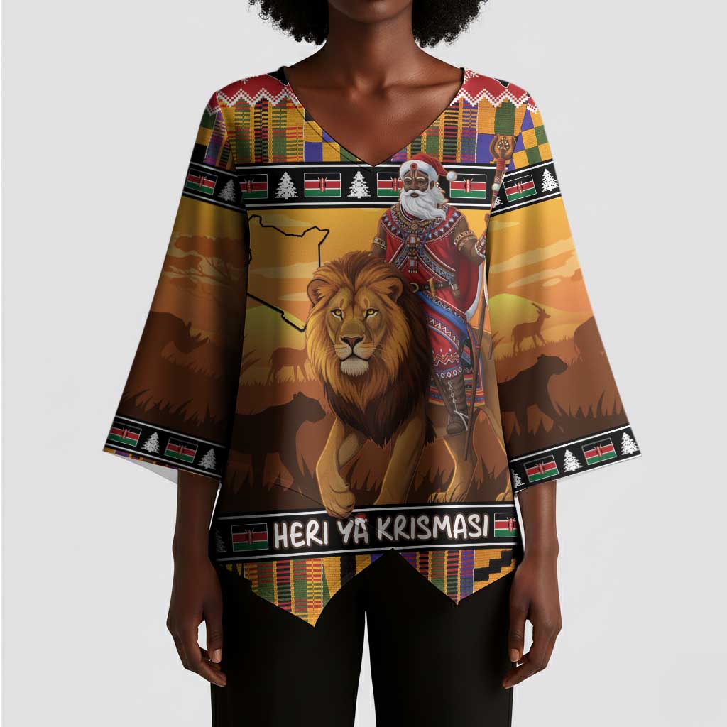 Kenya Safari Christmas Kimono Sleeve Blouse Black Santa Riding Lion - Heri ya Krismasi