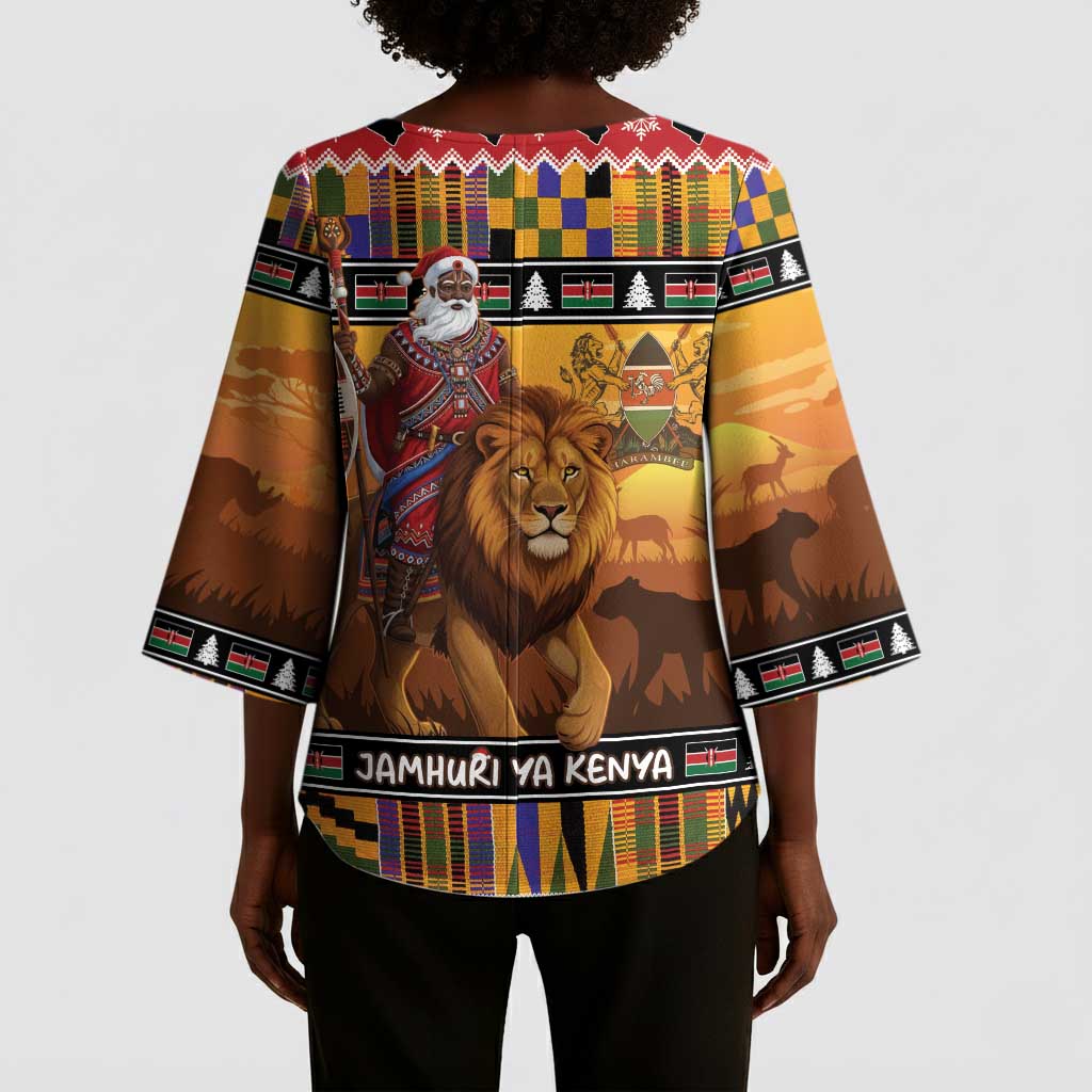 Kenya Safari Christmas Kimono Sleeve Blouse Black Santa Riding Lion - Heri ya Krismasi