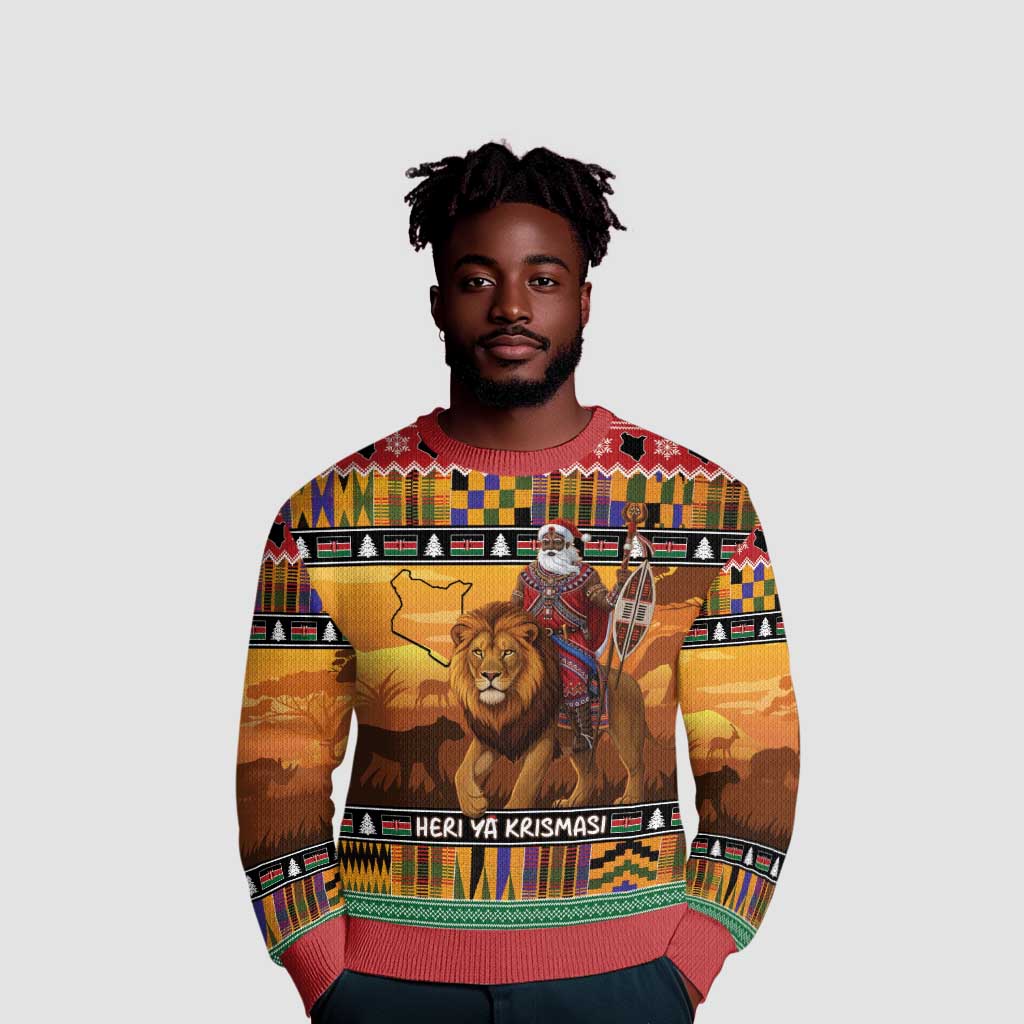 Afro Christmas in Kenya Safari Ugly Christmas Sweater Black Santa Riding Lion - African Pride