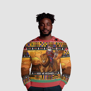 Afro Christmas in Kenya Safari Ugly Christmas Sweater Black Santa Riding Lion - African Pride