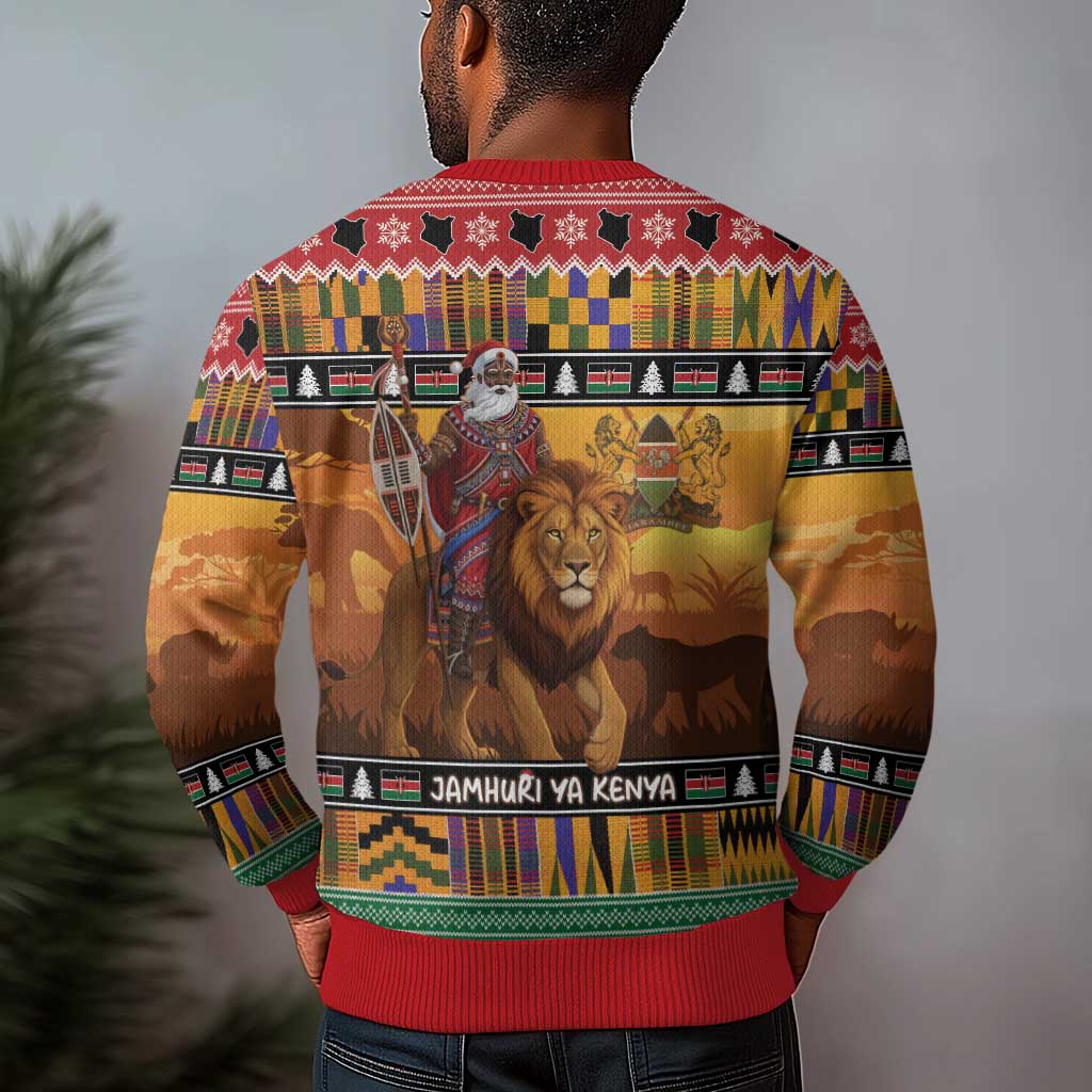 Afro Christmas in Kenya Safari Ugly Christmas Sweater Black Santa Riding Lion - African Pride