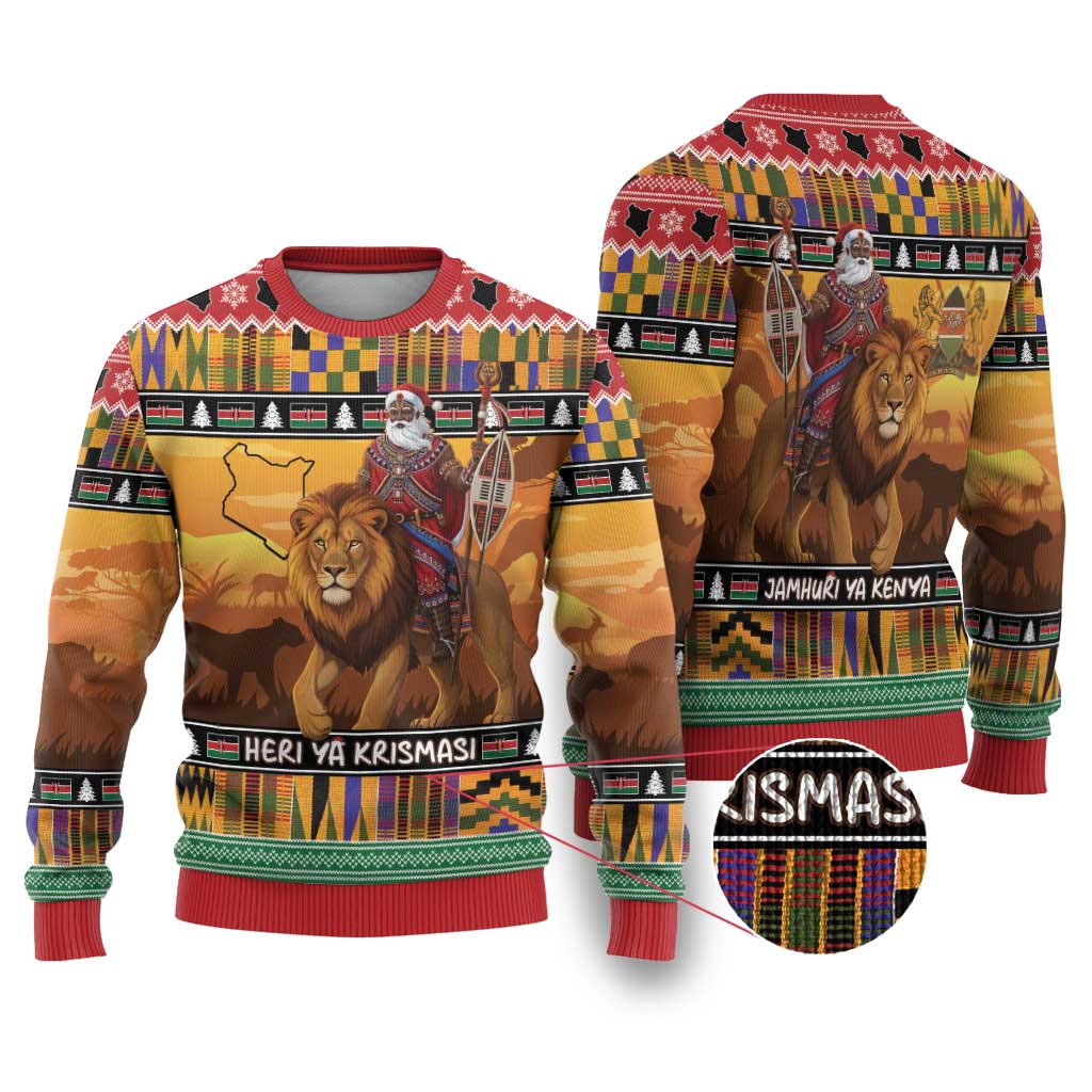 Afro Christmas in Kenya Safari Ugly Christmas Sweater Black Santa Riding Lion - African Pride