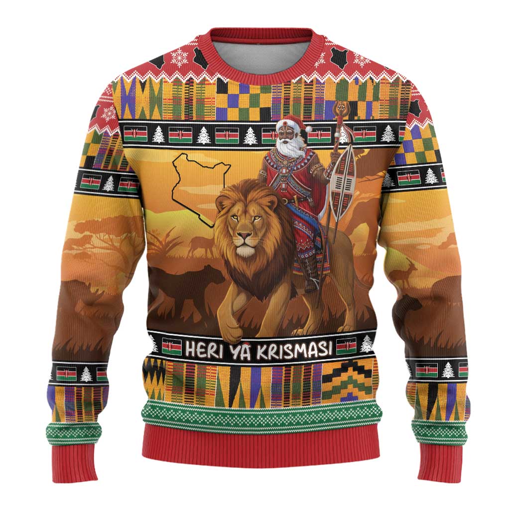 Afro Christmas in Kenya Safari Ugly Christmas Sweater Black Santa Riding Lion - African Pride