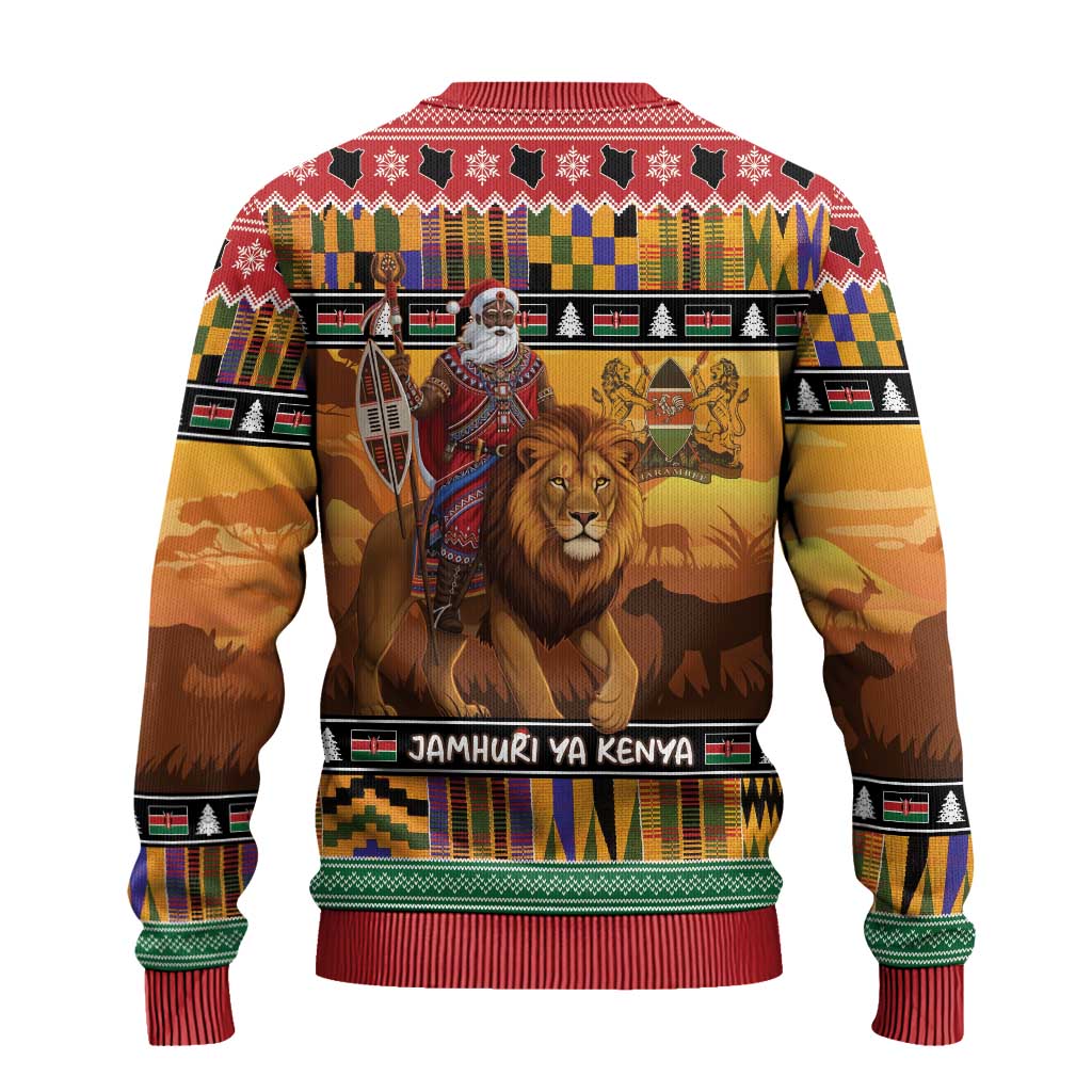 Afro Christmas in Kenya Safari Ugly Christmas Sweater Black Santa Riding Lion - African Pride