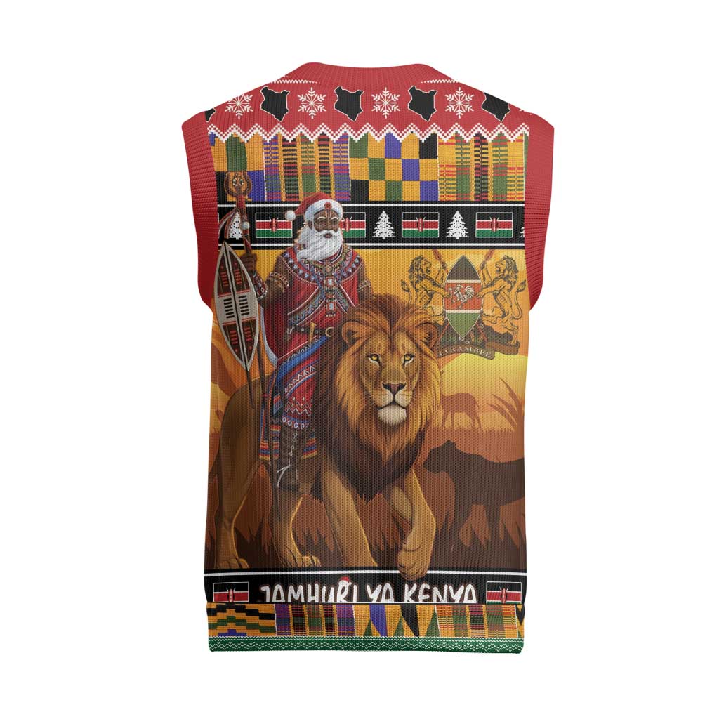 Afro Christmas in Kenya Safari Christmas Knitted V-Neck Vest Black Santa Riding Lion - African Pride