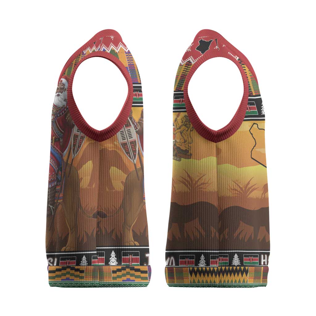 Afro Christmas in Kenya Safari Christmas Knitted V-Neck Vest Black Santa Riding Lion - African Pride