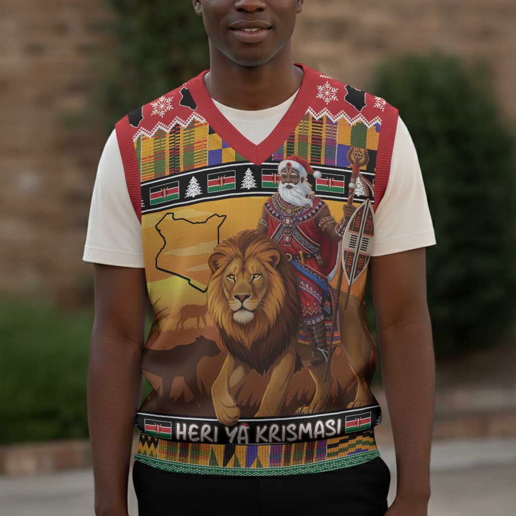 Afro Christmas in Kenya Safari Christmas Knitted V-Neck Vest Black Santa Riding Lion - African Pride