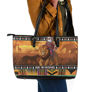 Afro Christmas in Kenya Safari Leather Tote Bag Black Santa Riding Lion - African Pride