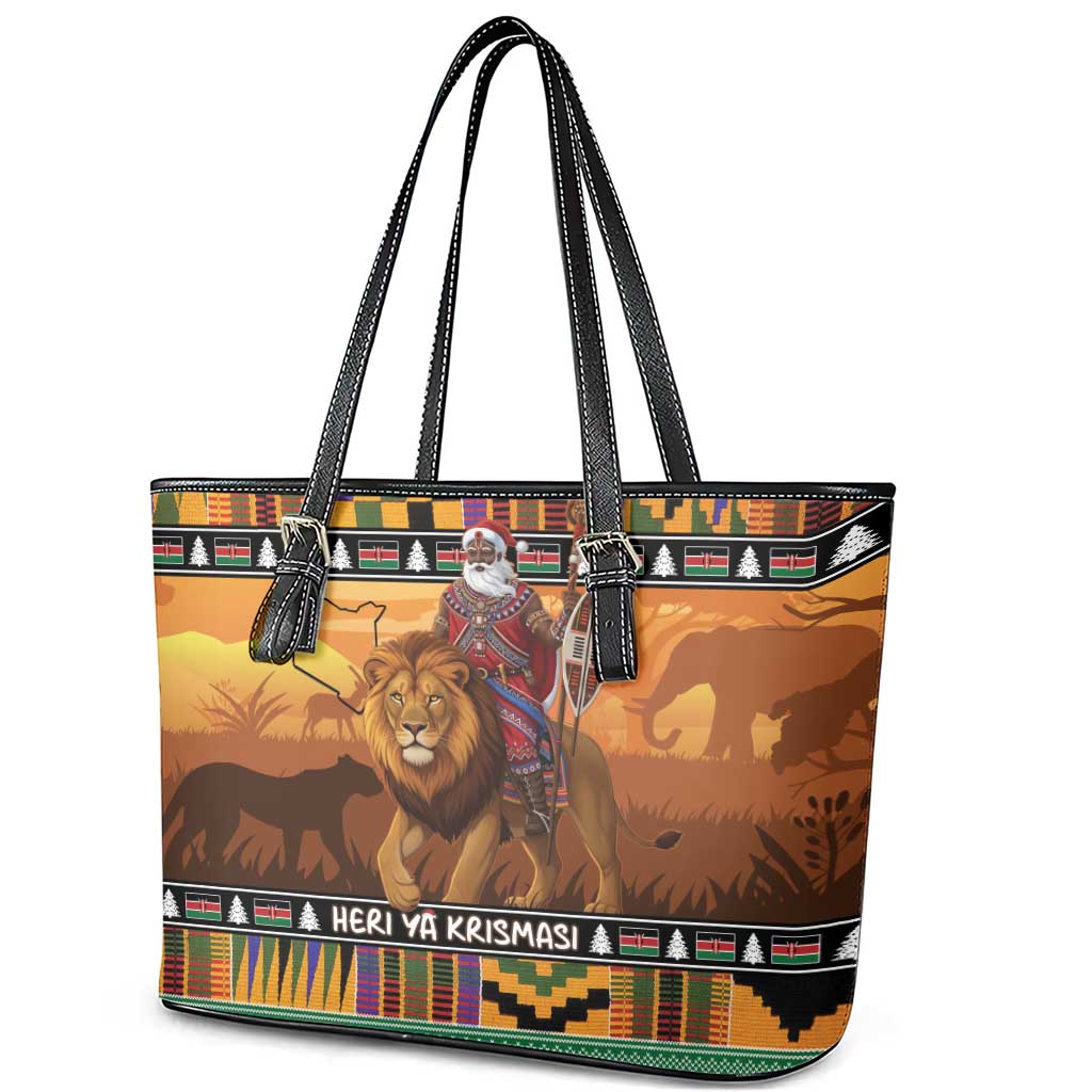 Afro Christmas in Kenya Safari Leather Tote Bag Black Santa Riding Lion - African Pride