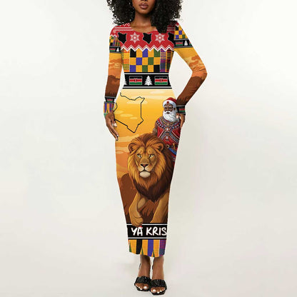 Afro Christmas in Kenya Safari Long Sleeve Bodycon Dress Black Santa Riding Lion - African Pride