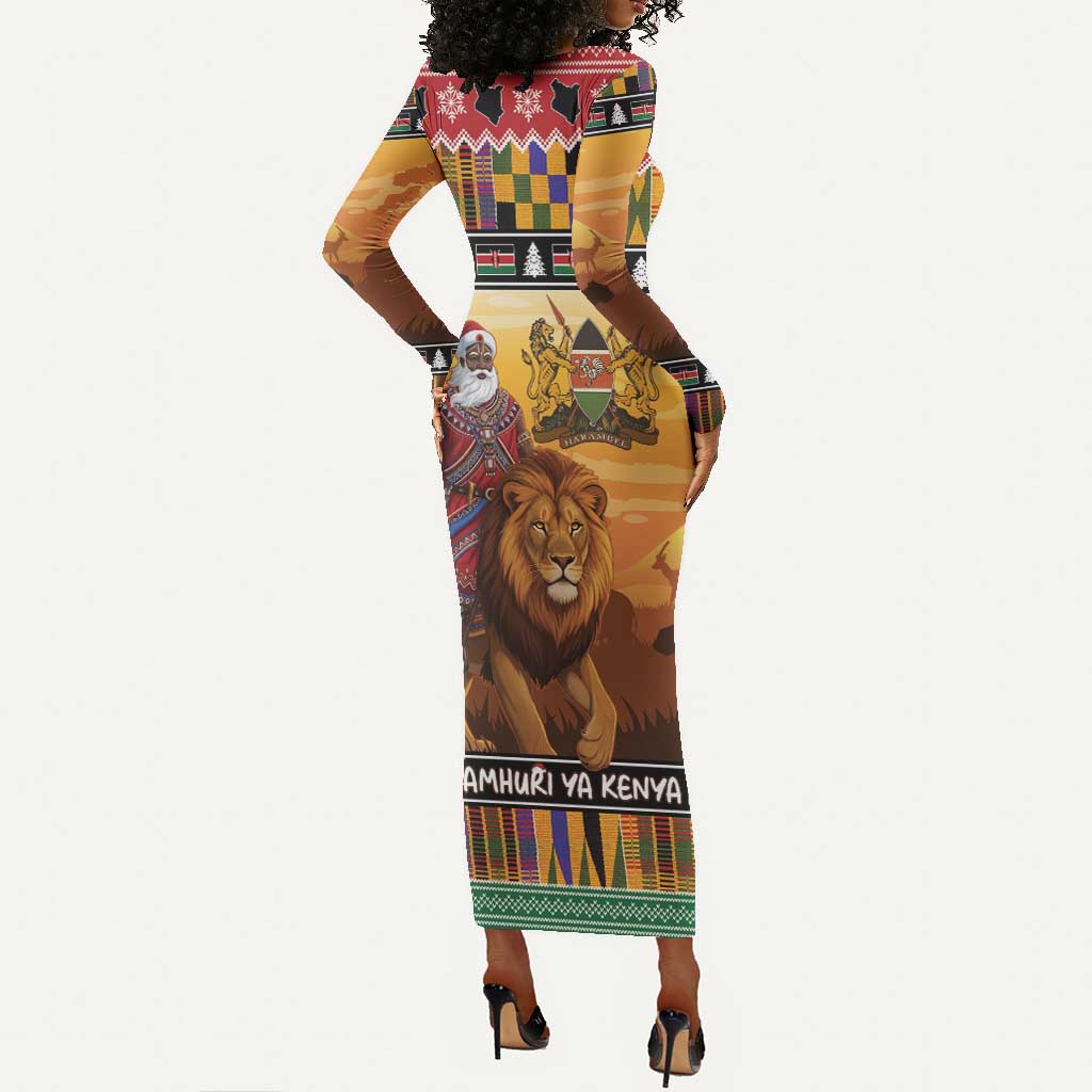 Afro Christmas in Kenya Safari Long Sleeve Bodycon Dress Black Santa Riding Lion - African Pride