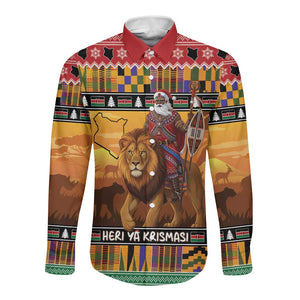 Afro Christmas in Kenya Safari Long Sleeve Button Shirt Black Santa Riding Lion - African Pride
