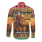Afro Christmas in Kenya Safari Long Sleeve Button Shirt Black Santa Riding Lion - African Pride