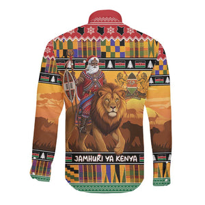 Afro Christmas in Kenya Safari Long Sleeve Button Shirt Black Santa Riding Lion - African Pride