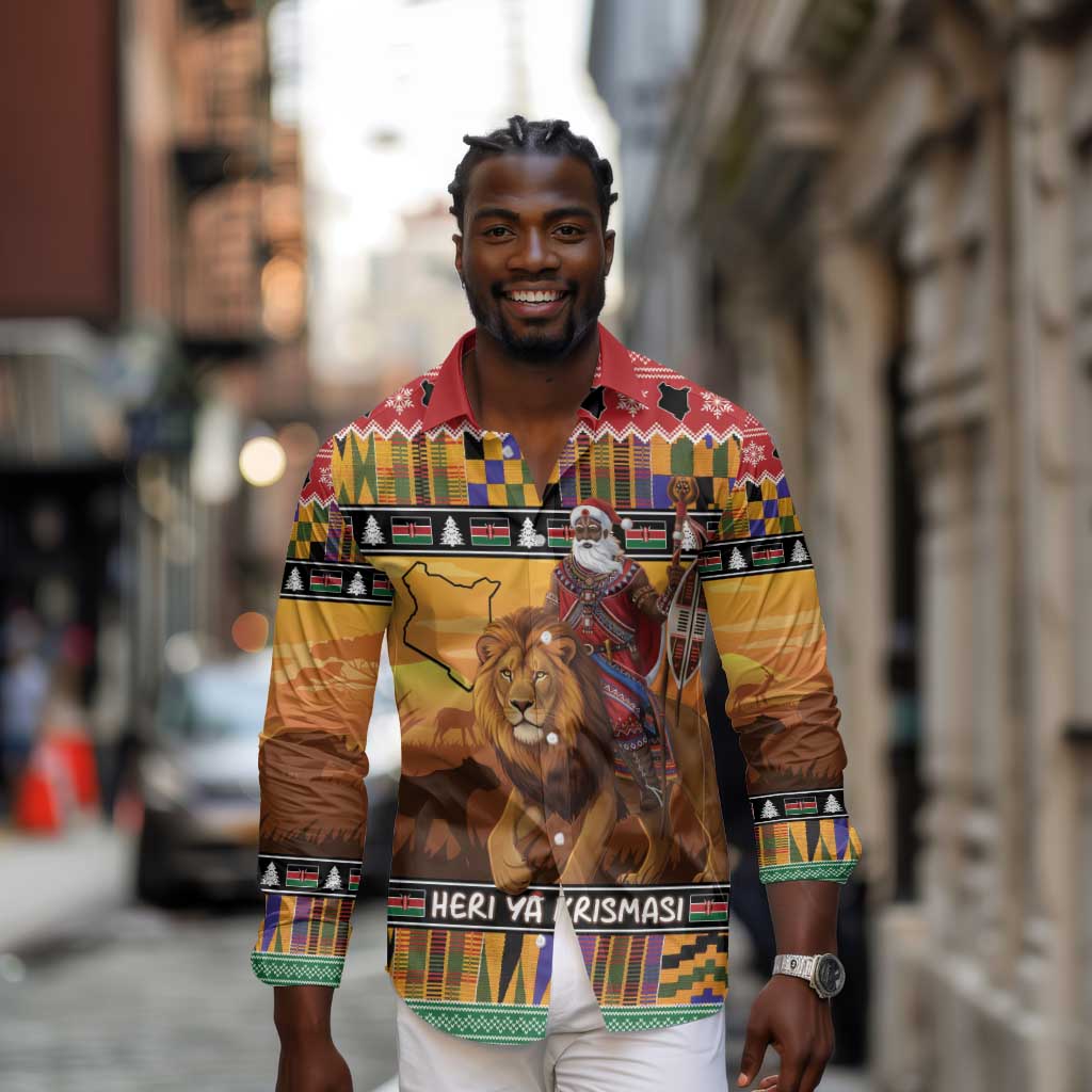 Afro Christmas in Kenya Safari Long Sleeve Button Shirt Black Santa Riding Lion - African Pride