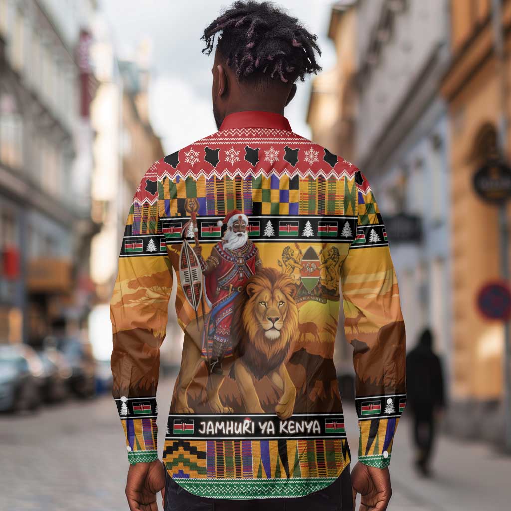 Afro Christmas in Kenya Safari Long Sleeve Button Shirt Black Santa Riding Lion - African Pride