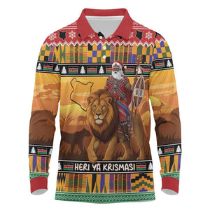 Afro Christmas in Kenya Safari Long Sleeve Polo Shirt Black Santa Riding Lion - African Pride