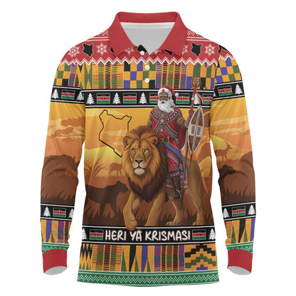 Afro Christmas in Kenya Safari Long Sleeve Polo Shirt Black Santa Riding Lion - African Pride