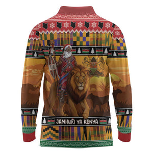 Afro Christmas in Kenya Safari Long Sleeve Polo Shirt Black Santa Riding Lion - African Pride