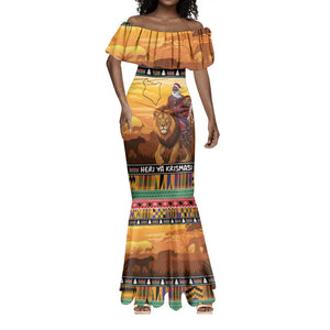 Afro Christmas in Kenya Safari Mermaid Dress Black Santa Riding Lion - African Pride