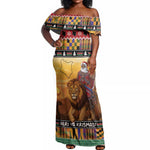 Afro Christmas in Kenya Safari Off Shoulder Maxi Dress Black Santa Riding Lion - African Pride
