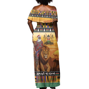 Afro Christmas in Kenya Safari Off Shoulder Maxi Dress Black Santa Riding Lion - African Pride