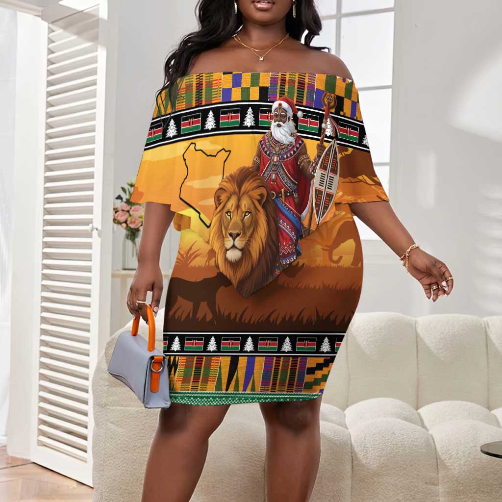 Afro Christmas in Kenya Safari Off Shoulder Short Dress Black Santa Riding Lion - African Pride